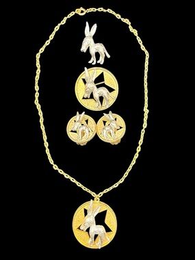 Gold and Silver Donkey Medallion Necklace, 2 pins & Earring Set